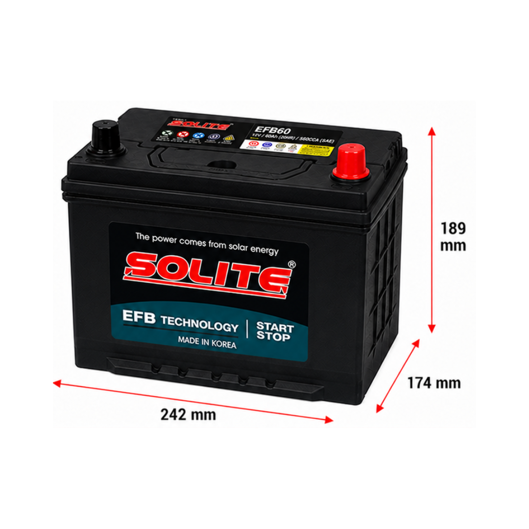 BATERIA SOLITE 60AH 12V 560CCA STAR-STOP POSITIVO DERECHO (EFB60)