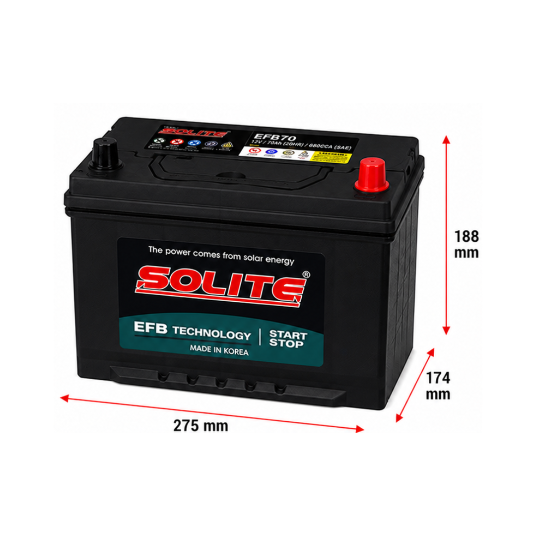 BATERIA SOLITE 70AH 12V  680CCA STAR-STOP POSITIVO DERECHO  (EFB70 L3)